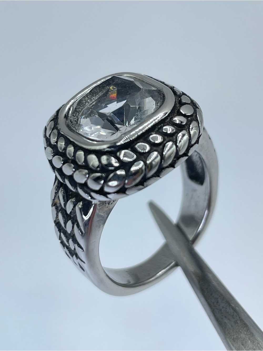 Silver Tone Clear Crystal Glass Cable Statement Ring Vintage Gothic Style